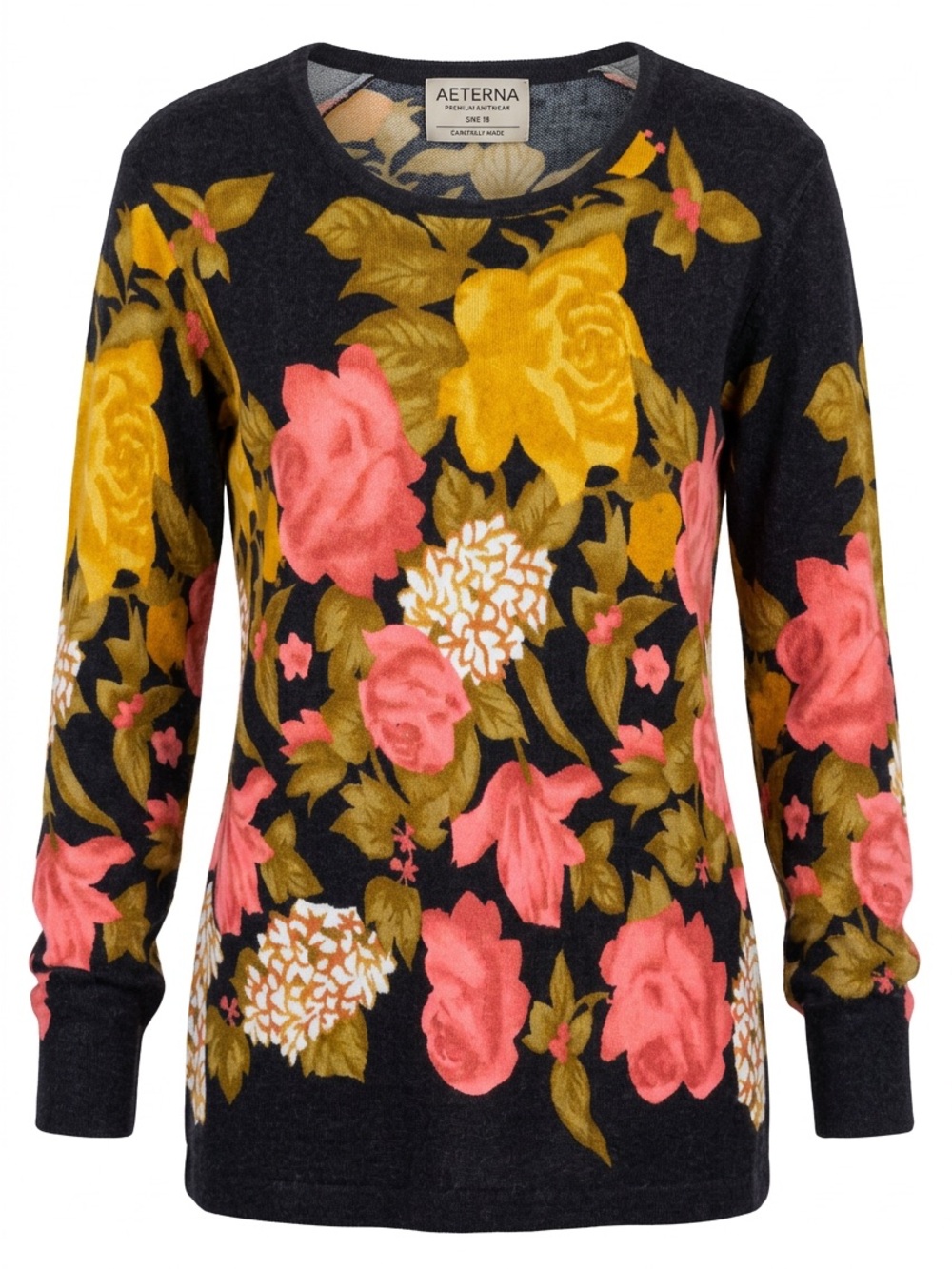 Black Crewneck Sweater with Pink & Yellow Floral Print